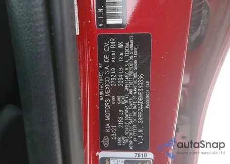 2021 Kia Forte Fe z USA, uszkodzony, nr VIN 3KPF24AD6ME349836